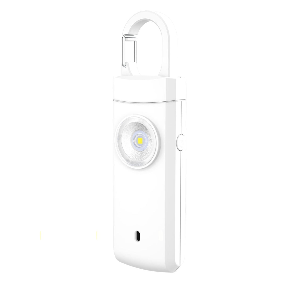 Compact safety keychain alarm with 130dB sound and flashlight in white for quick emergency alerts and daily protection.