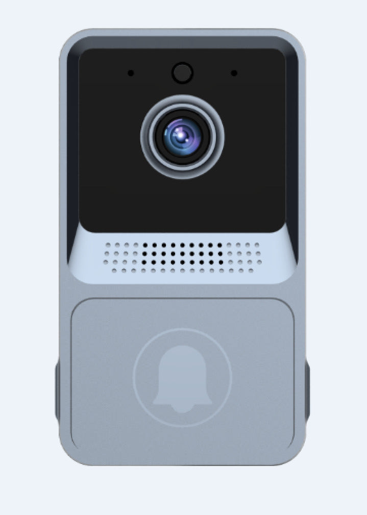 Smart doorbell with camera and bell icon on a light gray background