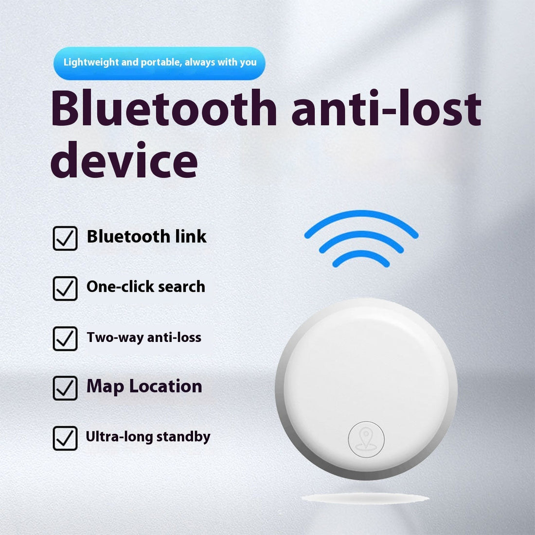 Compact Mini GPS Bluetooth tracker for locating keys, purses, and personal belongings.