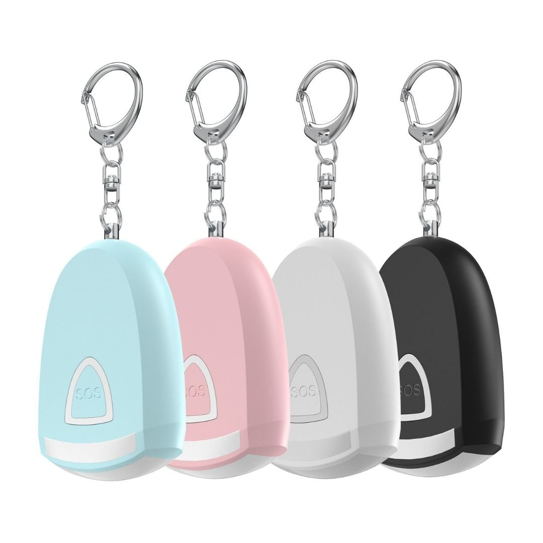 Rechargeable personal alarm keychain for women with loud emergency siren and compact everyday carry design.