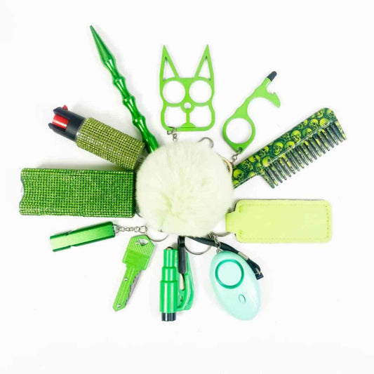 personal safety keychain set with multiple self-defense tools in color green