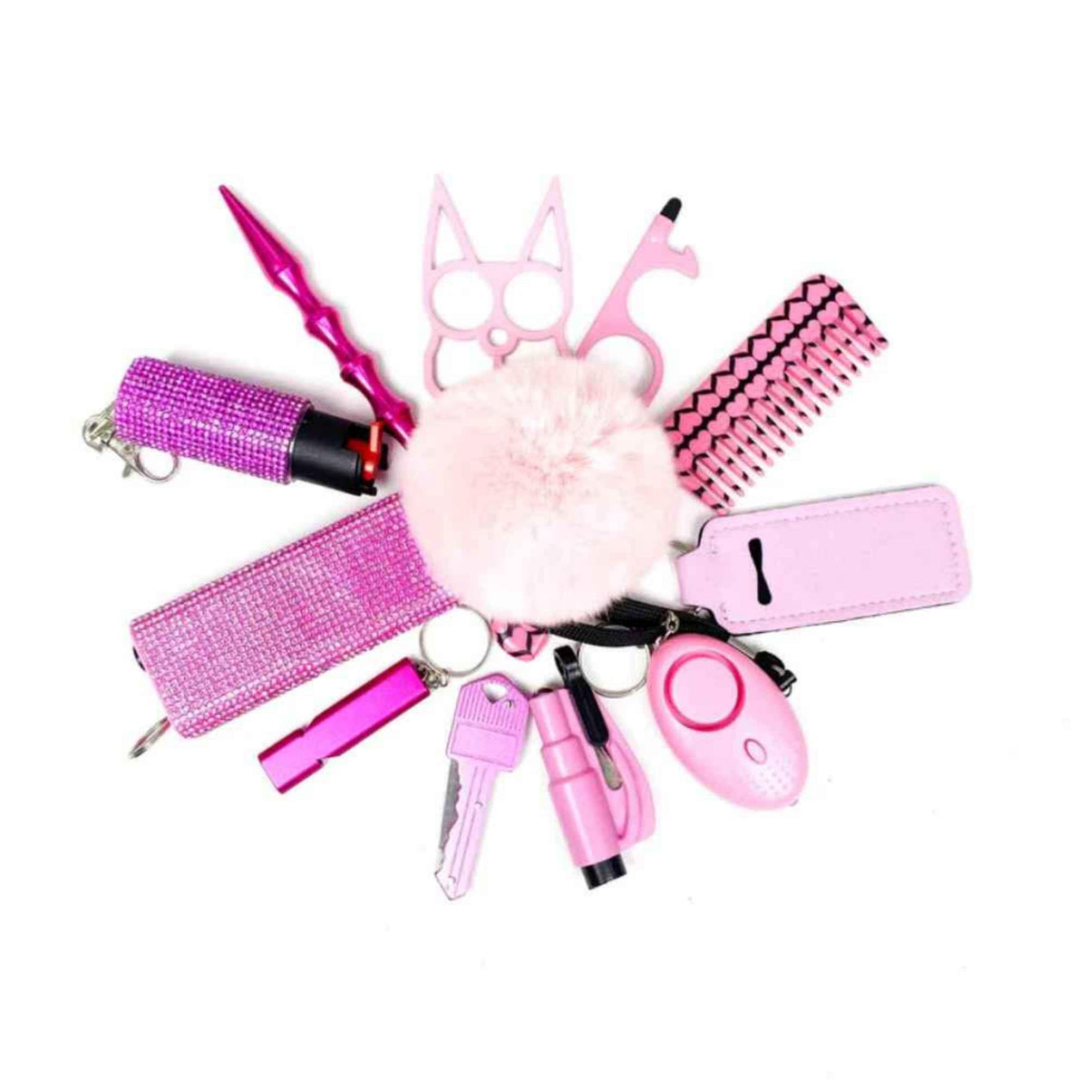 Collection of pink self-defense items including a pepper spray, keychain, and other tools on a white background.