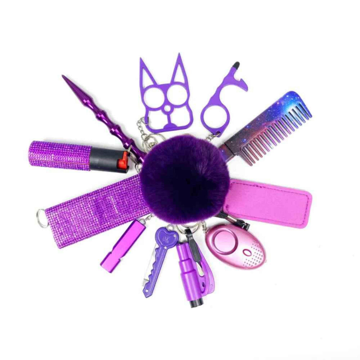 personal safety keychain set with multiple self-defense tools in purple