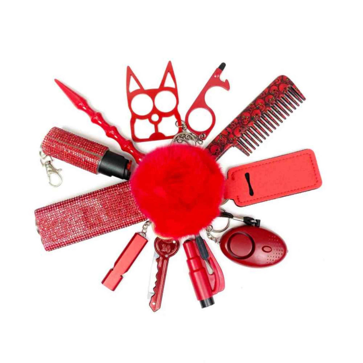 personal safety keychain set with multiple self-defense tools in red