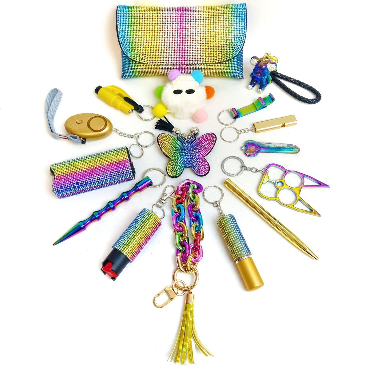 colorful rainbow personal safety keychain set 16 piece kit