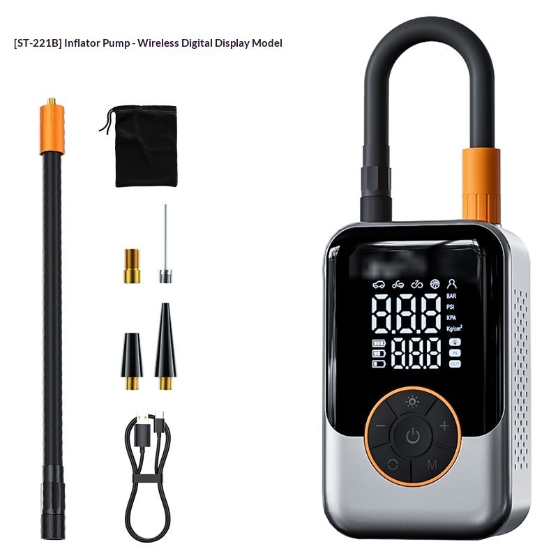 digital portable tire inflator with digital display and various nozzles on a white background