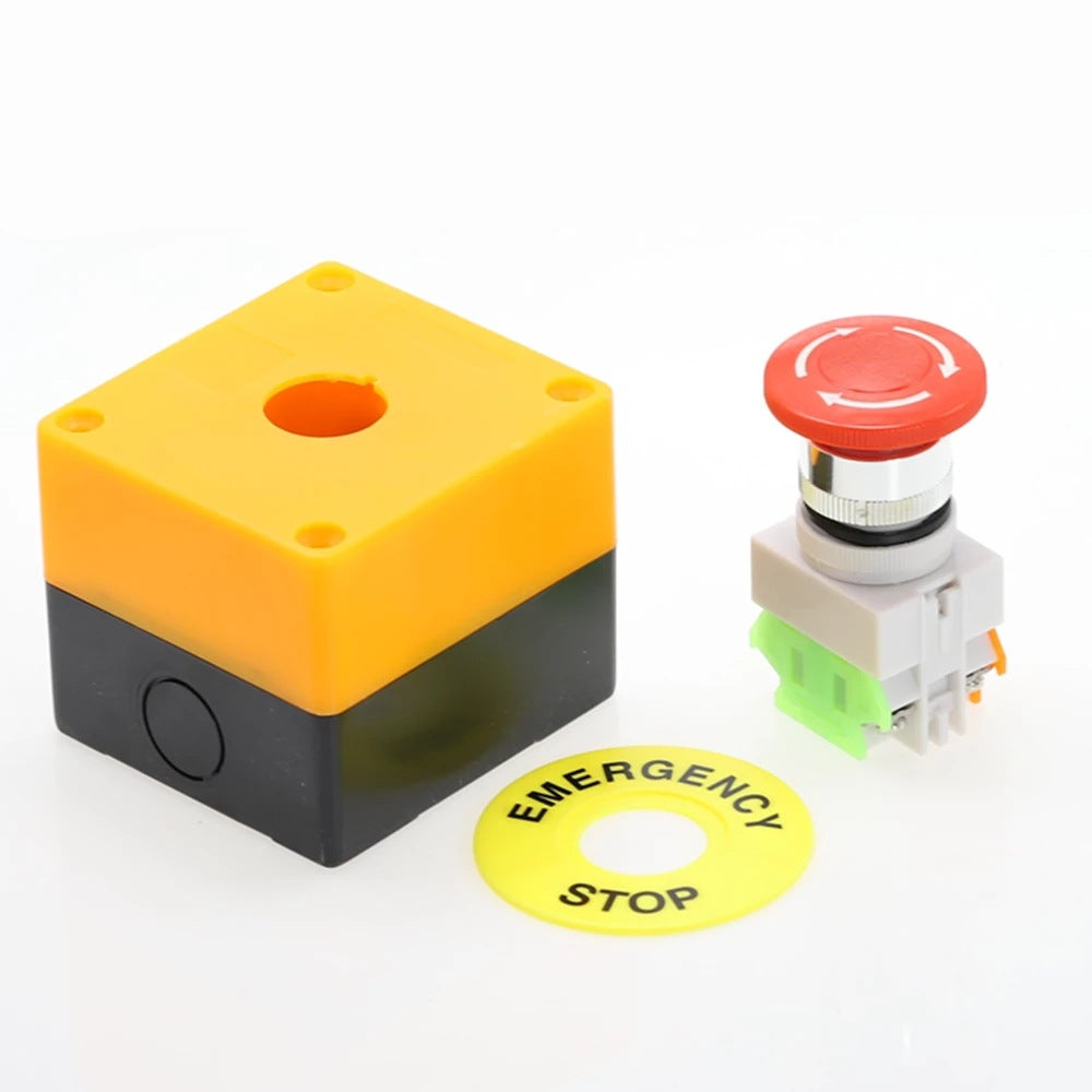 Emergency stop button control box for industrial machinery and equipment
