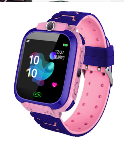 Smartwatch with a pink and blue strap on a white background