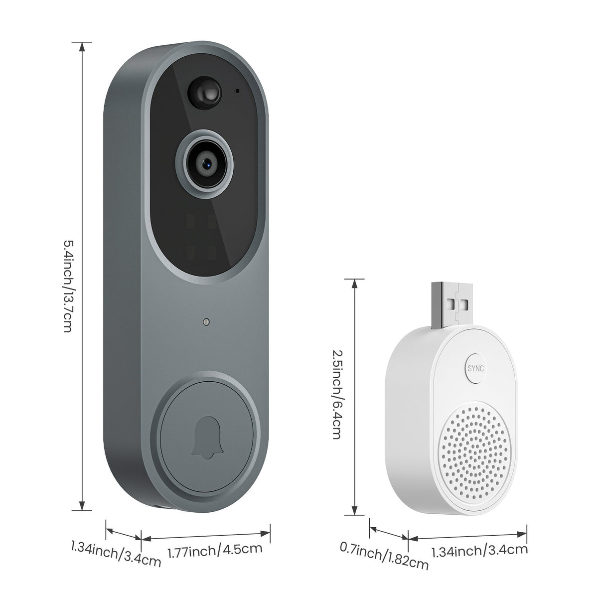 Wireless doorbell components with dimensions on a white background