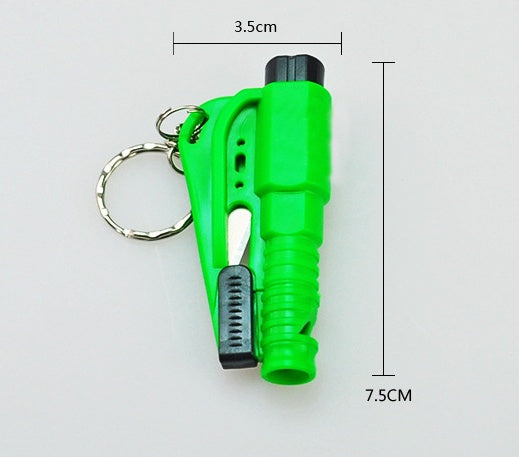 Green safety hammer with keychain on a white background with measurements indicated.