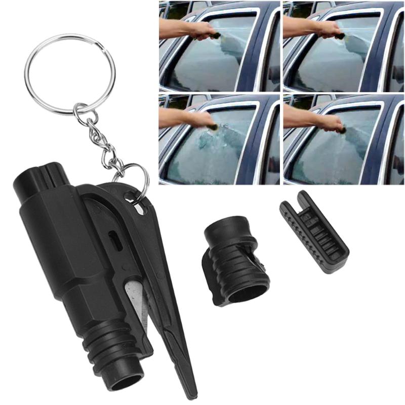 Car window breaker tool with keychain, parts of the tool, and usage on car windows.