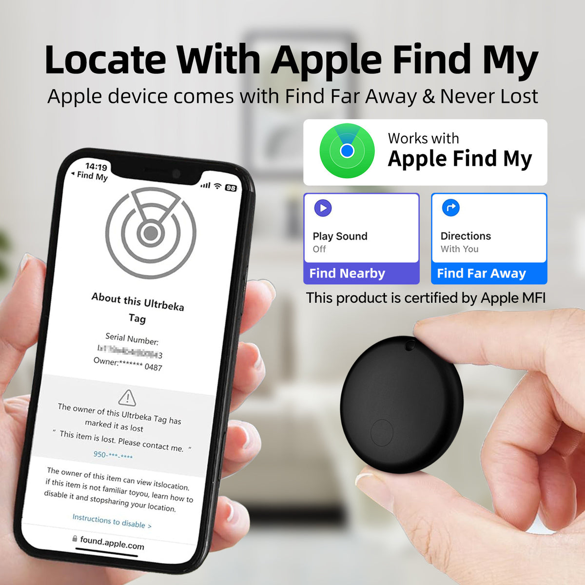 Mini GPS tracker keychain with Bluetooth connectivity and global positioning for tracking keys and bags.