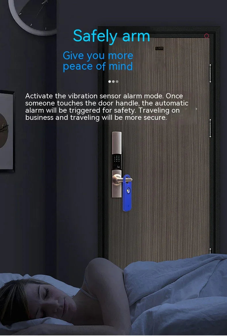 Door with safety alarm feature activated, showing a person sleeping in the foreground.