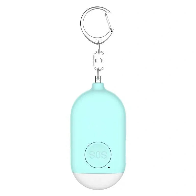 Mint green keychain device with SOS button on a white background