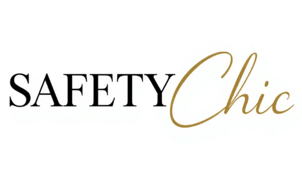 Safety Chic logo with black serif and gold script text on white background