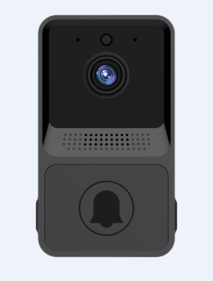 Black video doorbell with camera lens on a light gray background