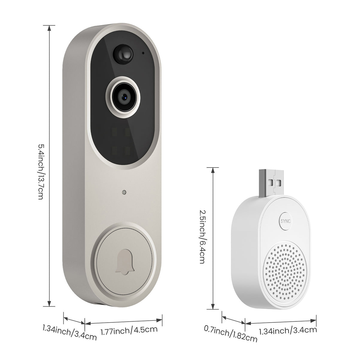 Smart doorbell with dimensions displayed on a white background