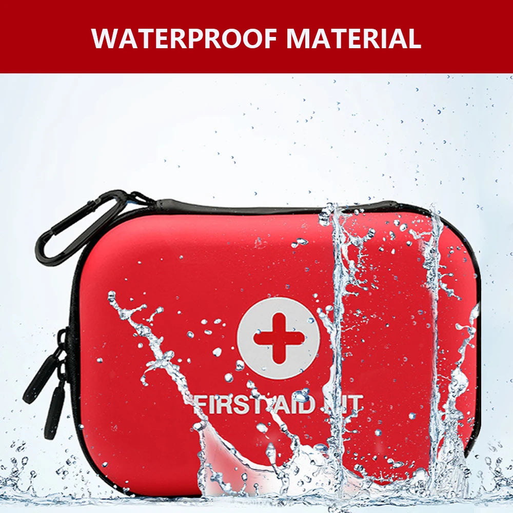 Red first aid kit with a white cross symbol, surrounded by water droplets on a light blue background.