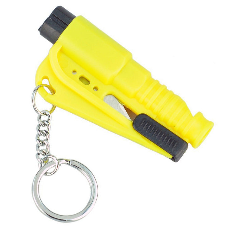 Yellow safety hammer with a keychain on a white background