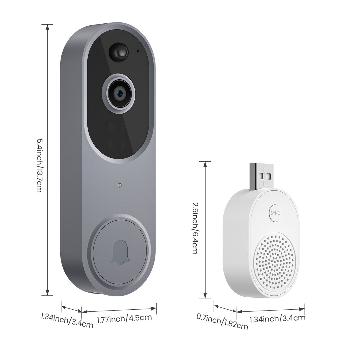 Smart doorbell with USB receiver and dimensions on a white background